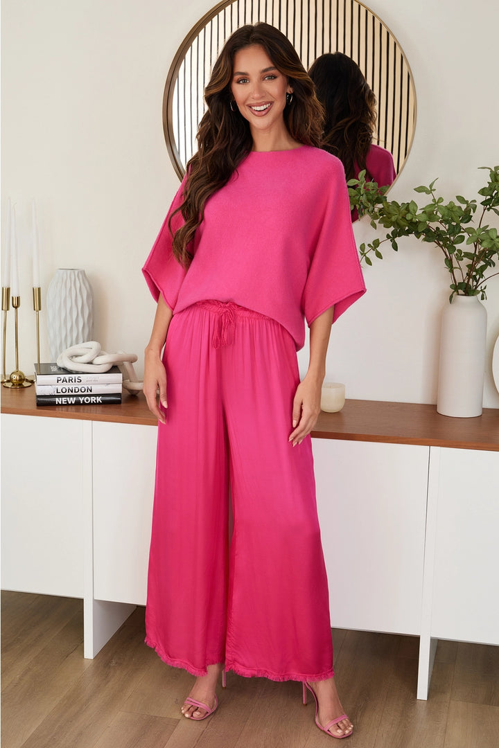 CREW NECK BATWING SLEEVE KNIT TOP-FUCHSIA