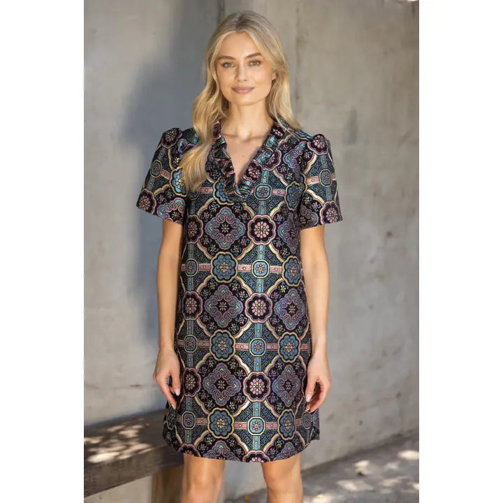 blue purple multicolor mandala jacquard mini dress with ruffled v neck and short  sleeves