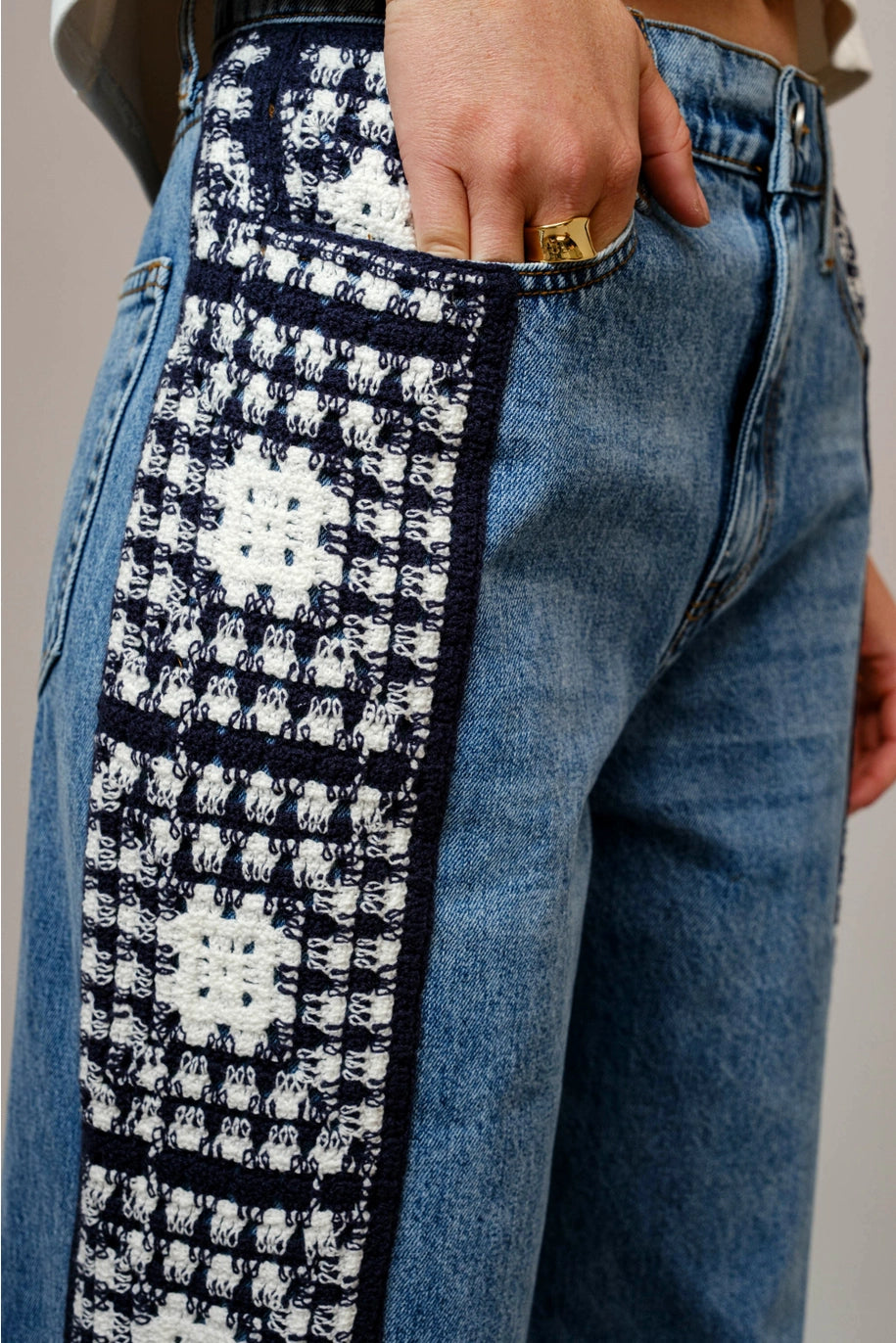 CROCHET DETAIL DENIM PANT-LIGHT WASH