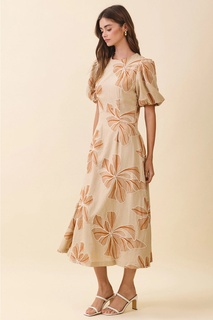 EMBROIDERED PUFF SLEEVE MIDI DRESS-KHAKI