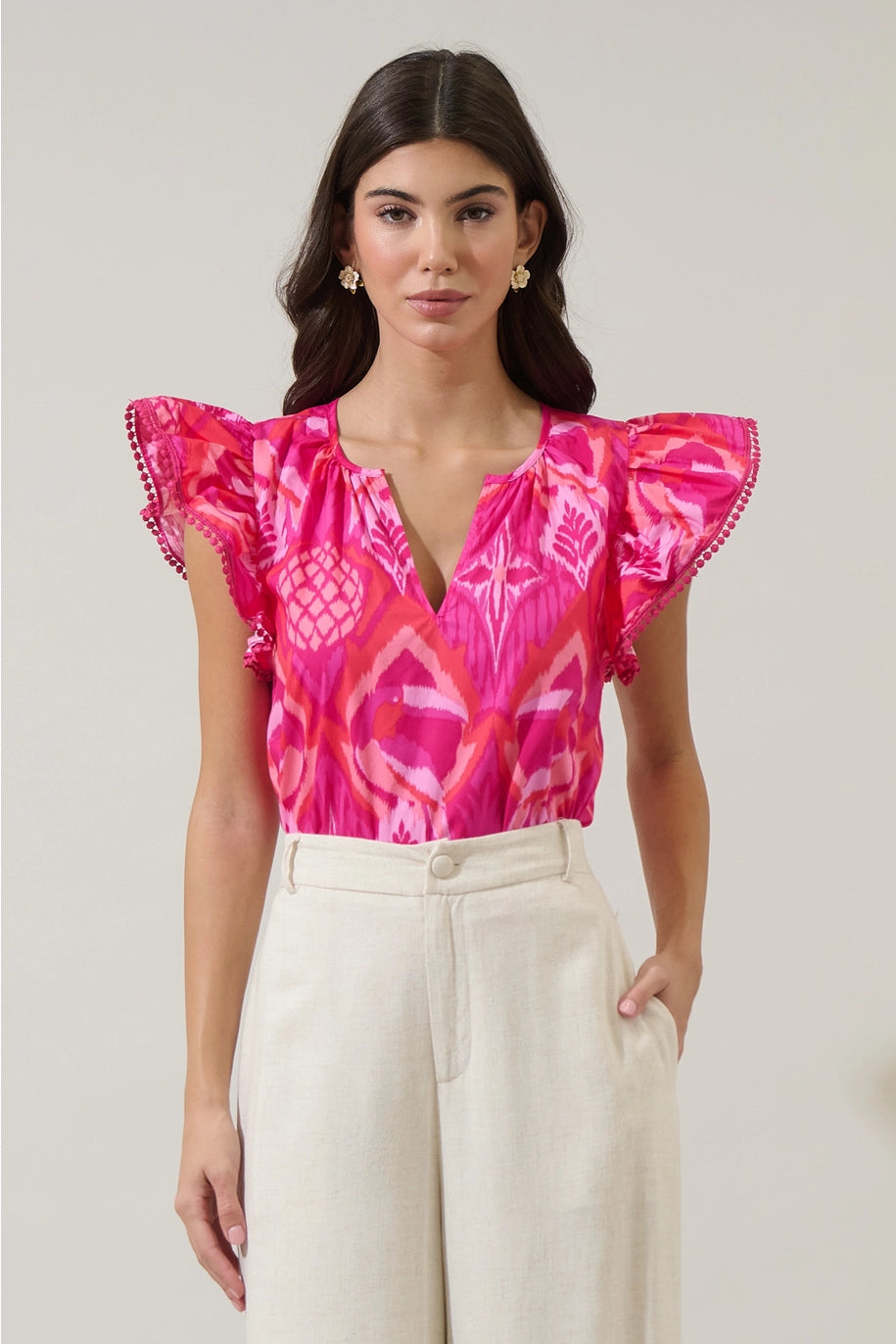 PRISSA IKAT CARYA POPLIN TOP-MAGENTA/CORAL