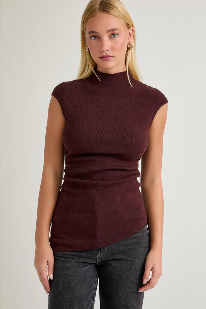MOCK NECK SHIRRED WAIST SWEATER TOP-BROWN