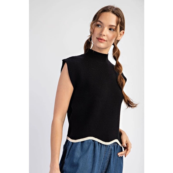 SOLID SHORT SLEEVE SWEATER TOP-BLACK