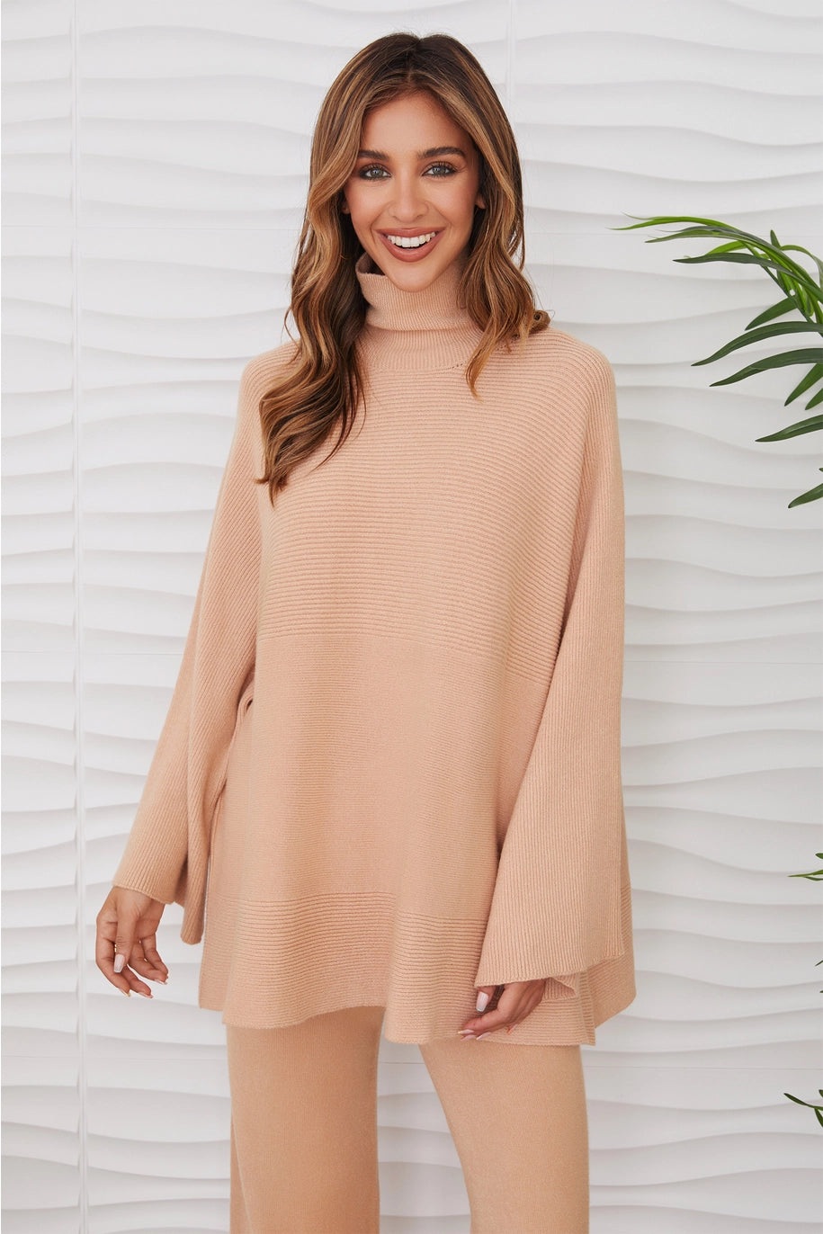 RELAXED WIDE SLEEVE TURTLENECK SWEATER-CARAMEL
