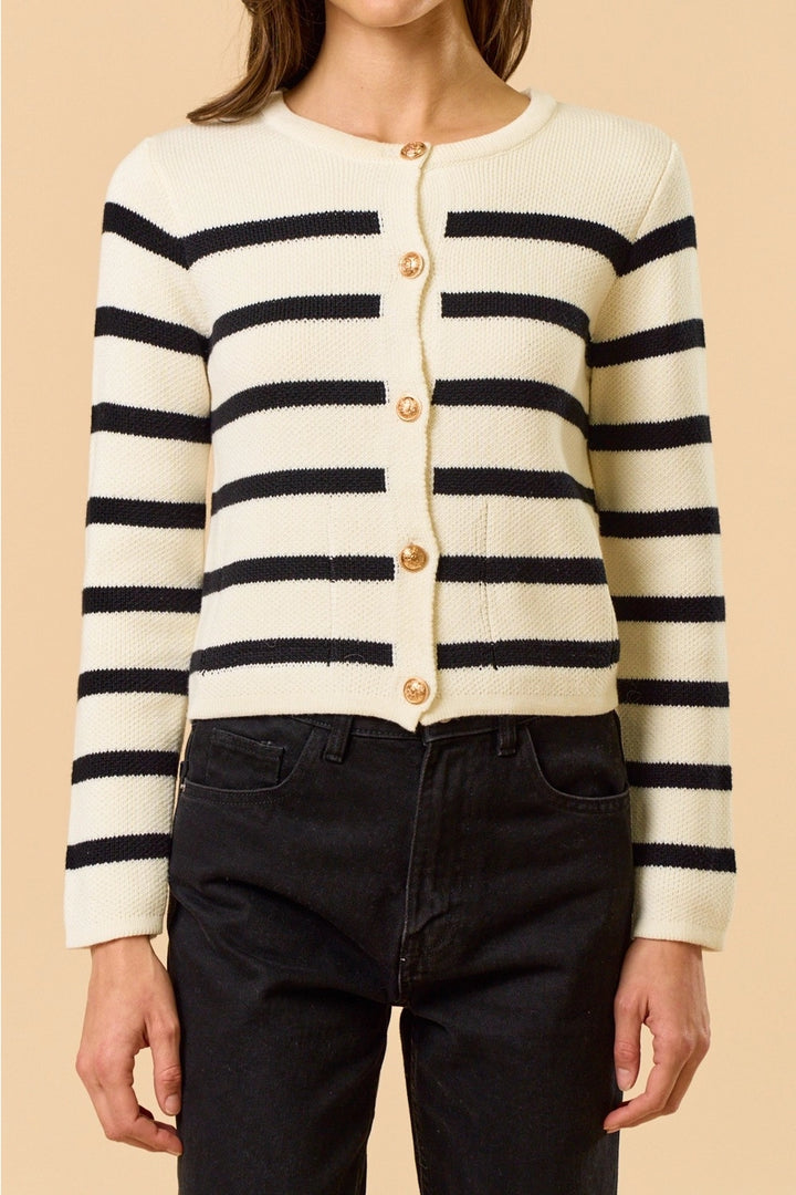 STRIPED BUTTON DOWN SWEATER-WHITE/BLACK