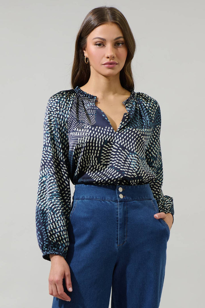 GEOMETRIC JOVIE SPLIT NECK RAGLAN BLOUSE-NAVY/CREAM