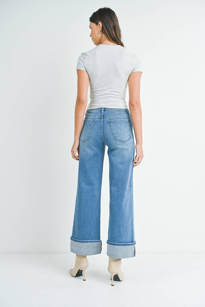 CUFFED PALLAZO-MEDIUM DENIM