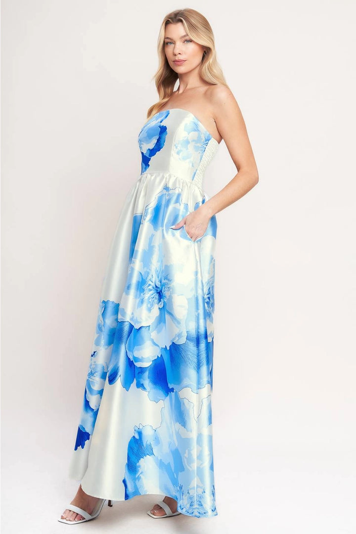 STRAPLESS FLORAL MAXI DRESS-IVORY/BLUE