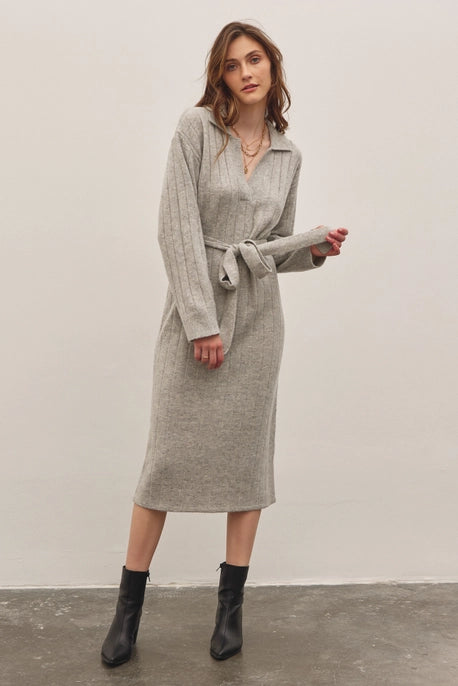 RIBBED SWEATER MIDI DRESS-HEATHER GREY