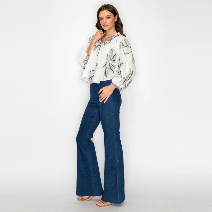 PALM BREEZE BLOUSE-WHITE/NAVY