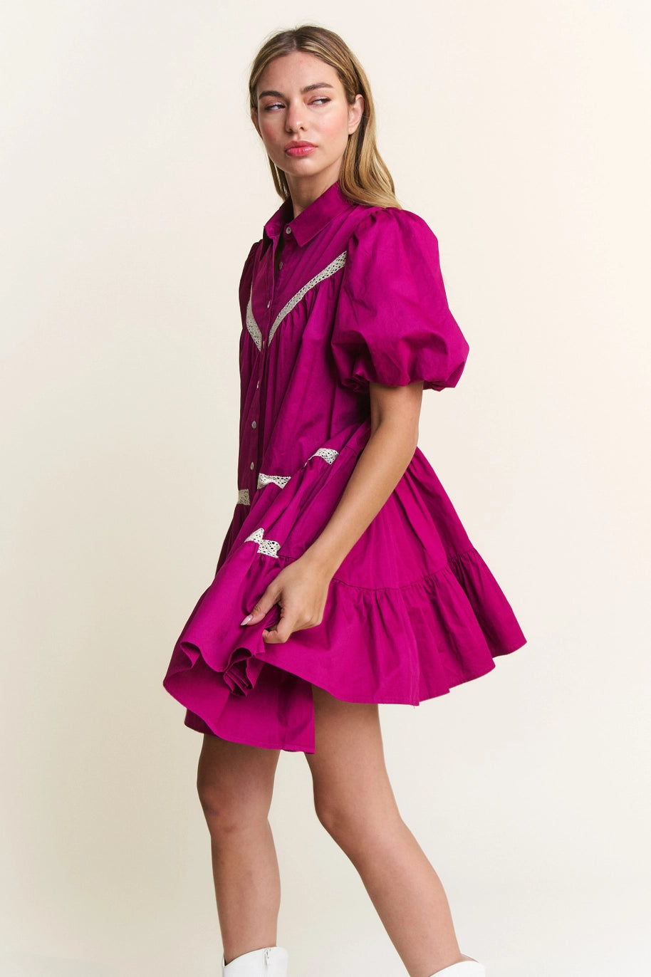 BOHO BABY DOLL MINI DRESS-MAGENTA
