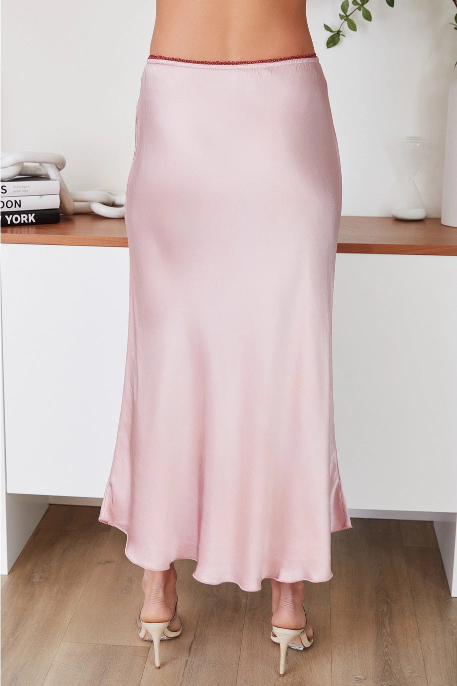 SILKY SLIP SKIRT WITH LACE WAISTBAND-DUSTY ROSE