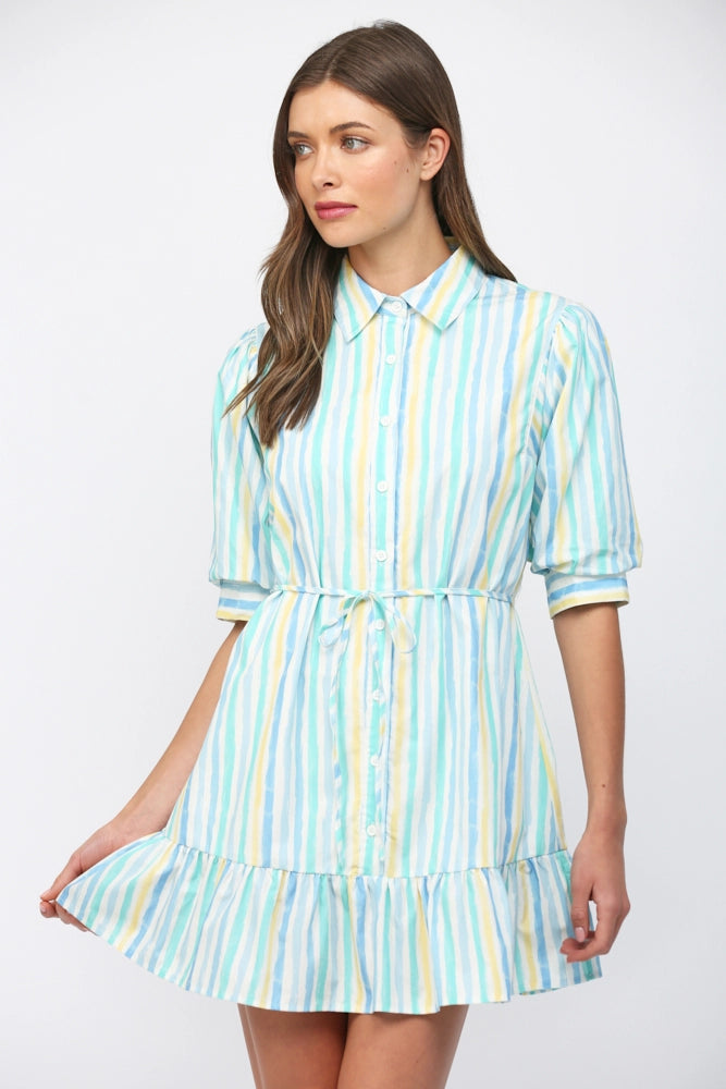VERTICAL STRIPE SHIRT DRESS-WHITE/BLUE/YELLOW