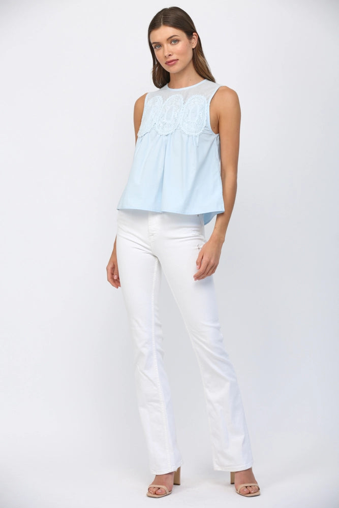CONTRAST YOKE DETAIL LACE TOP-BABY BLUE