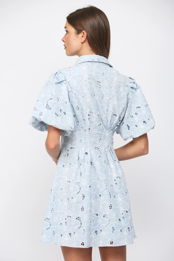 CUT OUT FLORAL LACE BUTTON DOWN MINI DRESS-BABY BLUE