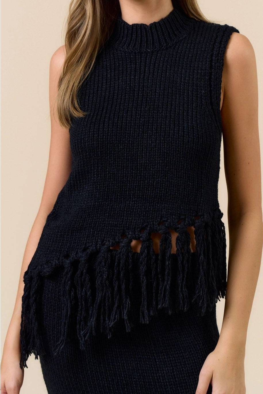 SLEEVELESS MOCK NECK FRINGE TOP-BLACK