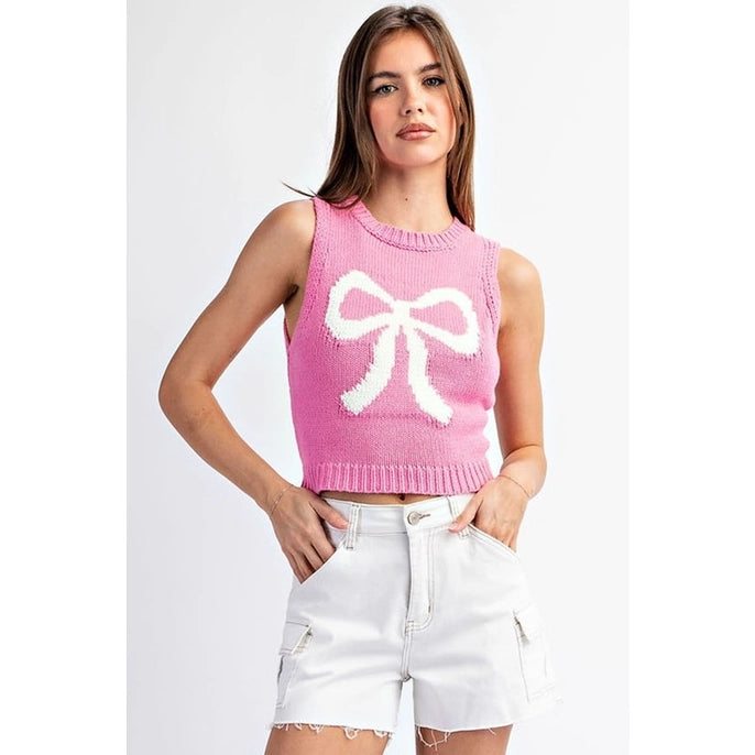 SLEEVELESS BOW KNIT TOP- BUBBLE PINK