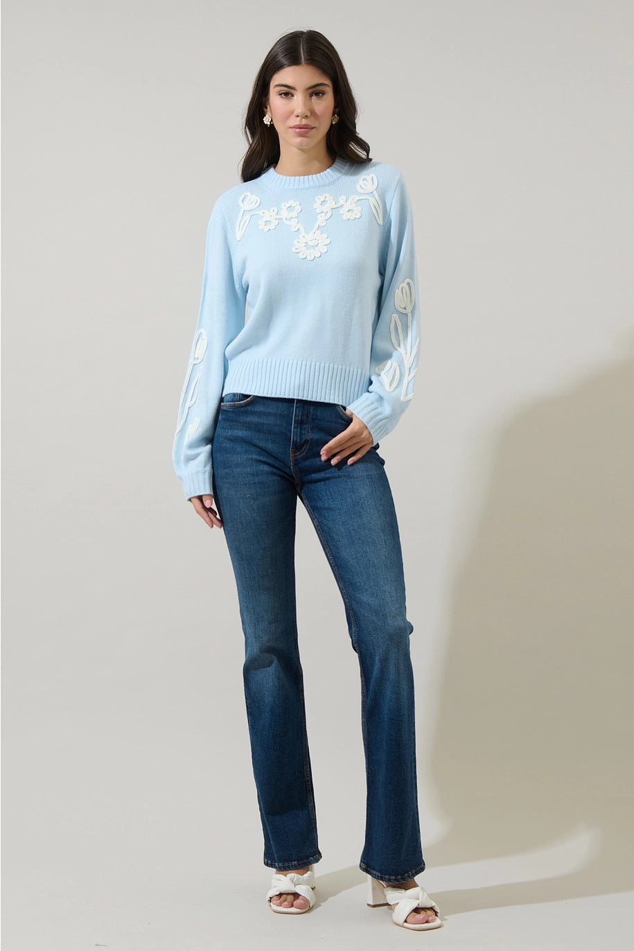 CELESTIAL FLORAL EMBROIDERED SWEATER-BLUE/IVORY