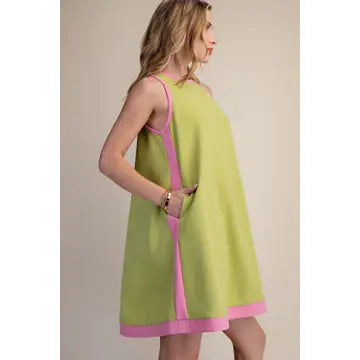A LINE CONTRAST COLOR MINI DRESS-LIME