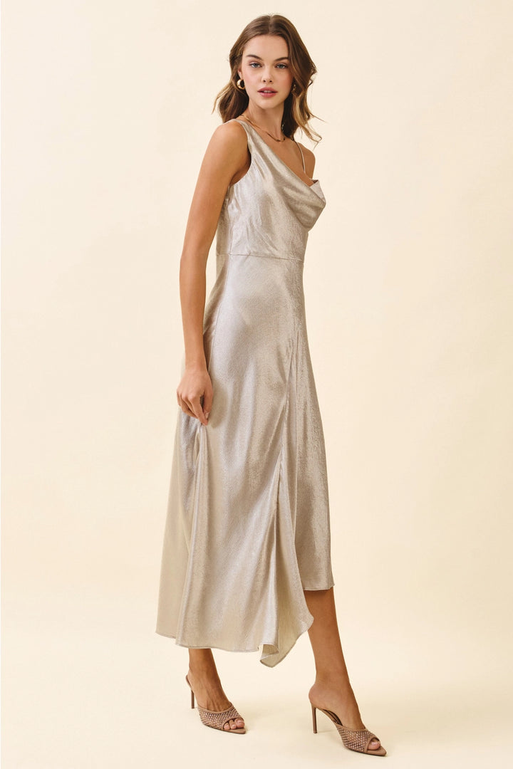 Woman wearing a silver one-shoulder dress on a beige background