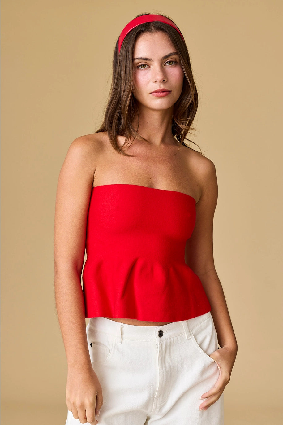 ELLIE STRAPLESS KNIT PEPLUM-RED
