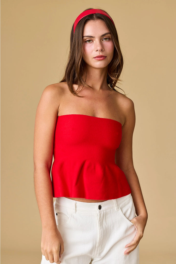 ELLIE STRAPLESS KNIT PEPLUM-RED