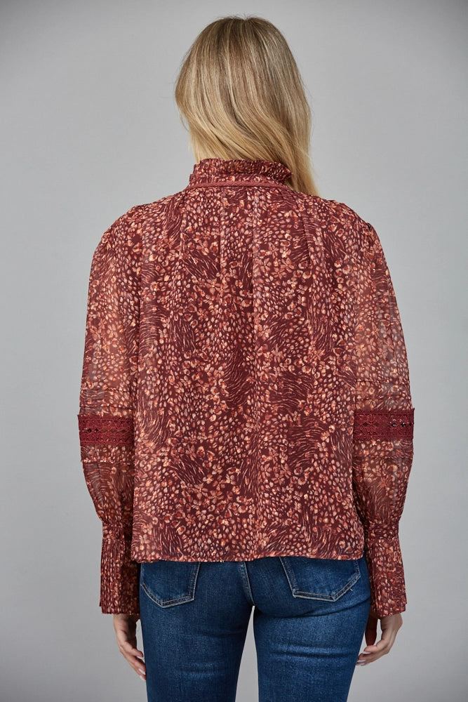 FLORAL PRINT LUREX BLOUSE-BURGUNDY/MULTI