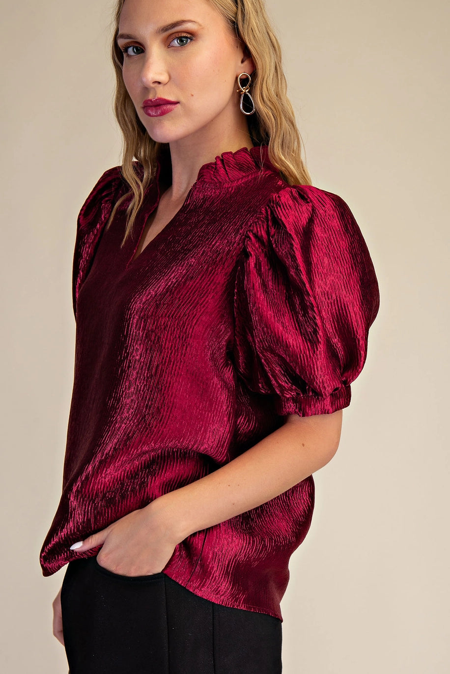 RUFFLE VNECK PUFF SLEEVE TOP-BURGUNDY