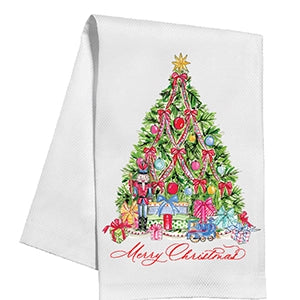 White towel with a colorful Christmas tree design and 'Merry Christmas' text 