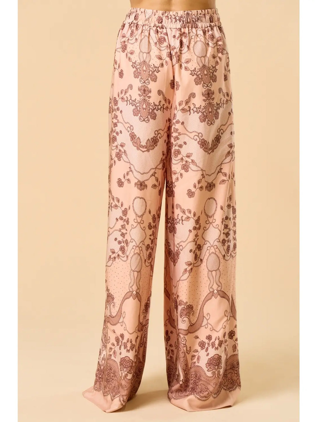 PRINTED WIDE LEG PANT-PEACH/BROWN