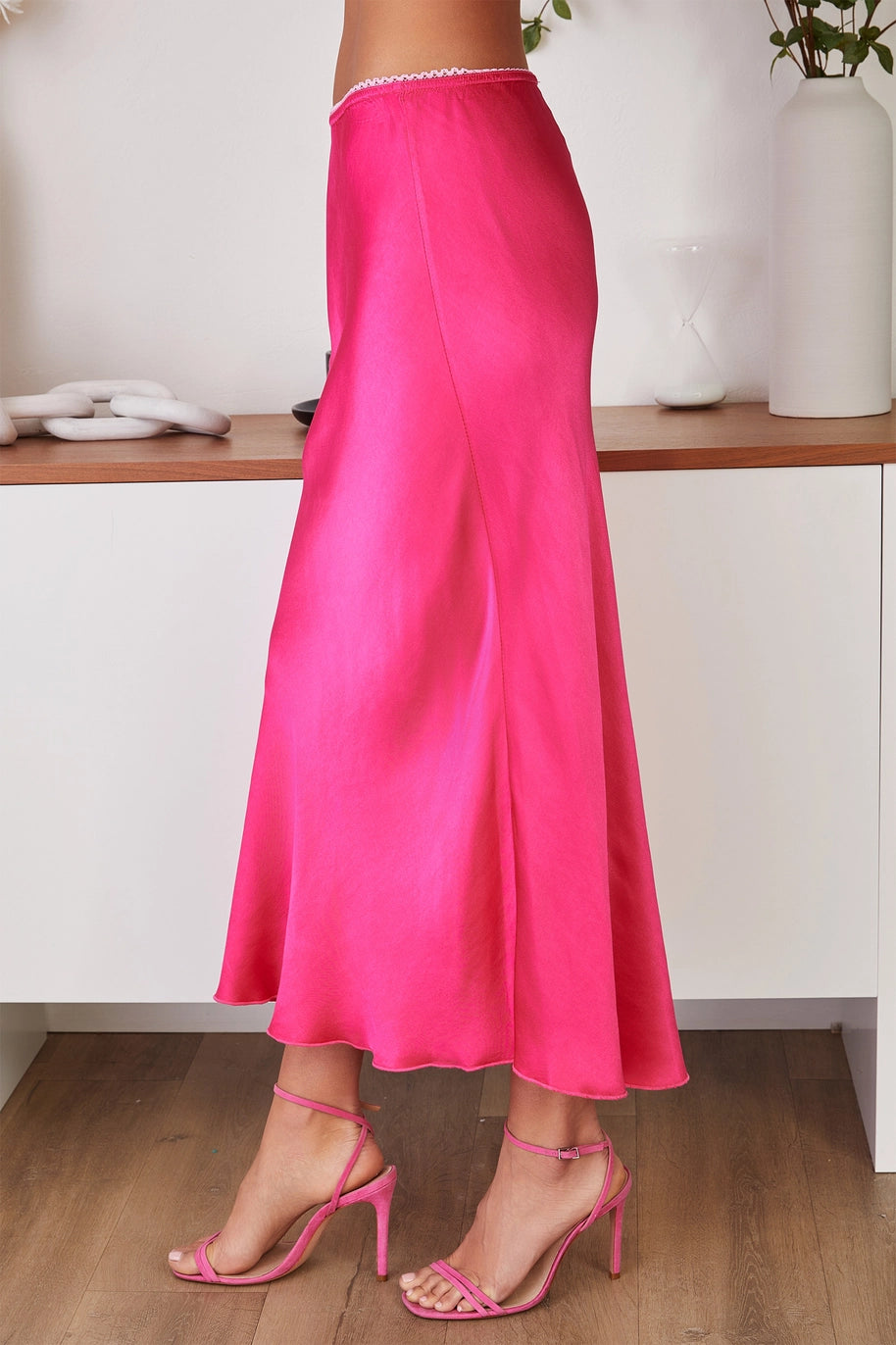 SILKY SLIP SKIRT WITH LACE WAISTBAND-FUCHSIA