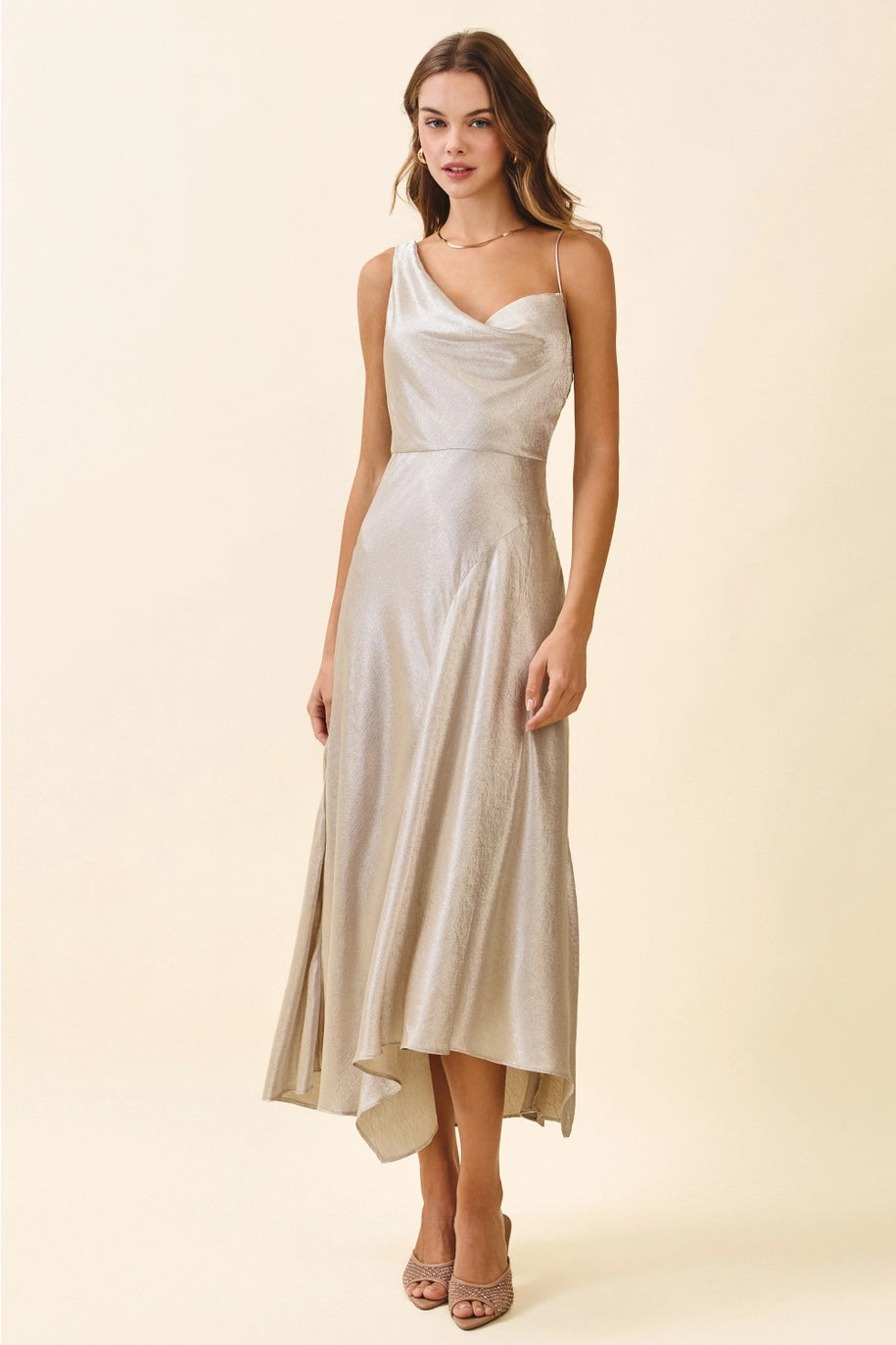 silver asymmetrical midi dress with hi low hem and one shoulder detail and one adjustable spaghetti strap