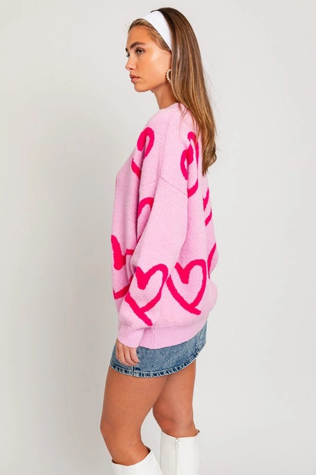 HEART PRINTED SWEATER-PINK/FUCHSIA