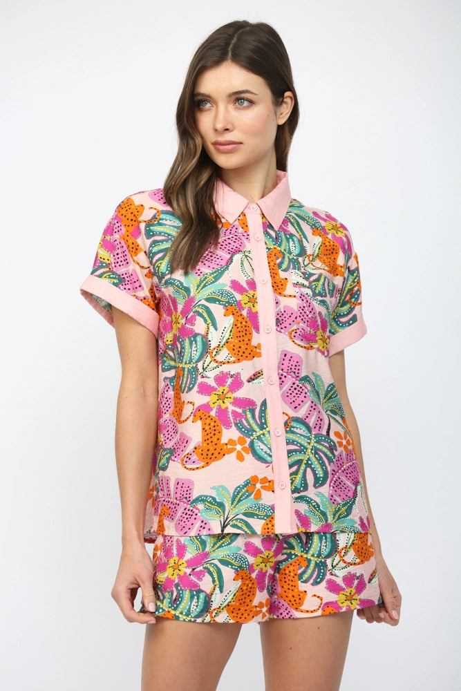 TROPICAL PRINT BUTTON DOWN BLOUSE-BLUSH/MULTI
