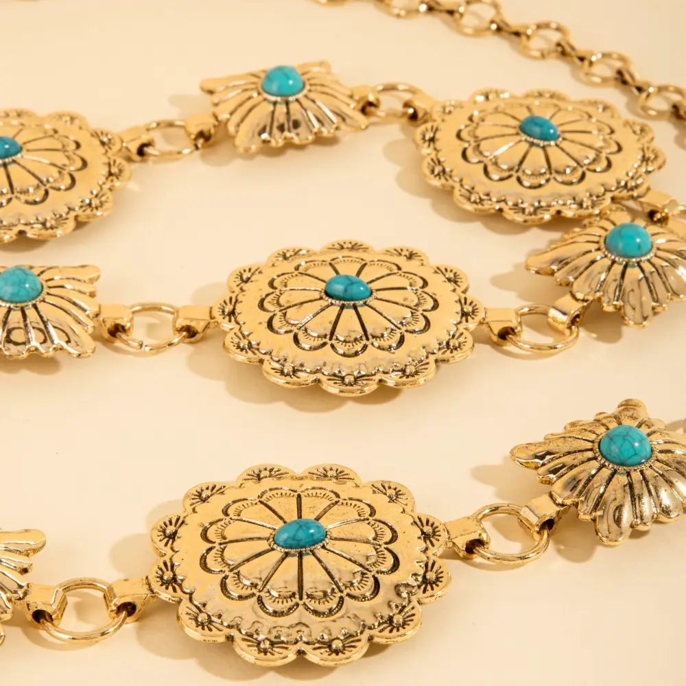WESTERN ROUND CONCHO DISK CHAIN BELT-GOLD/TURQUOISE