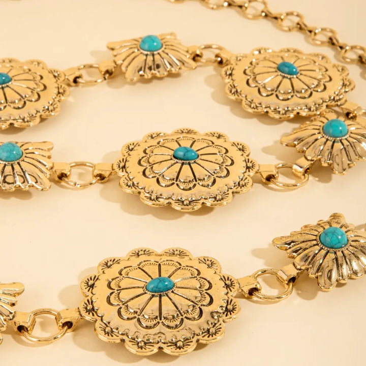 WESTERN ROUND CONCHO DISK CHAIN BELT-GOLD/TURQUOISE