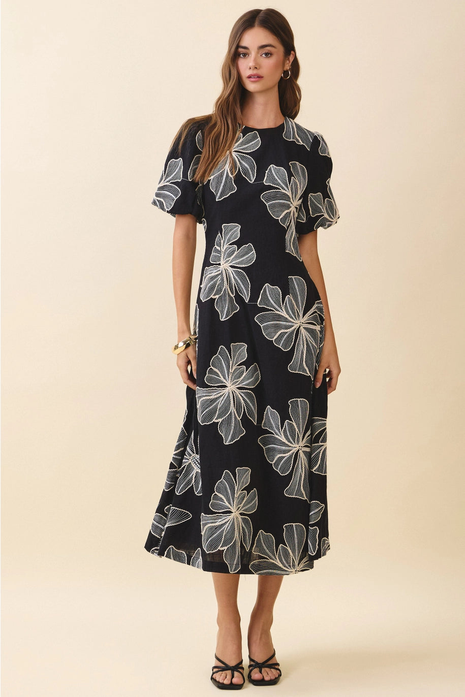 EMBROIDERED PUFF SLEEVE MIDI DRESS-BLACK