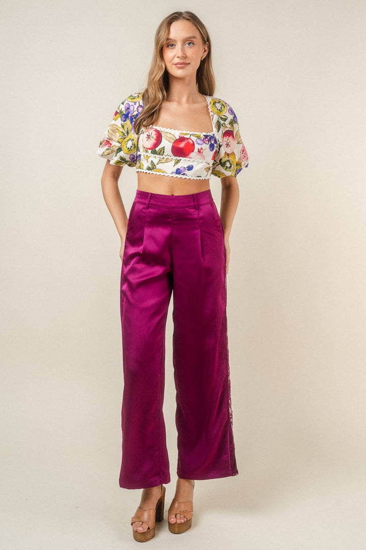 SATIN DRESSY PLEATED LACE CONTRAST TROUSERS-Plum