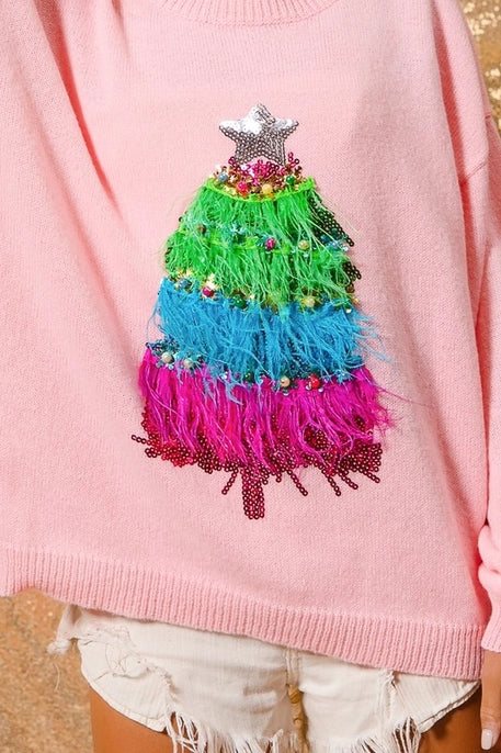 CHRISTMAS TREE SWEATER TOP-PINK