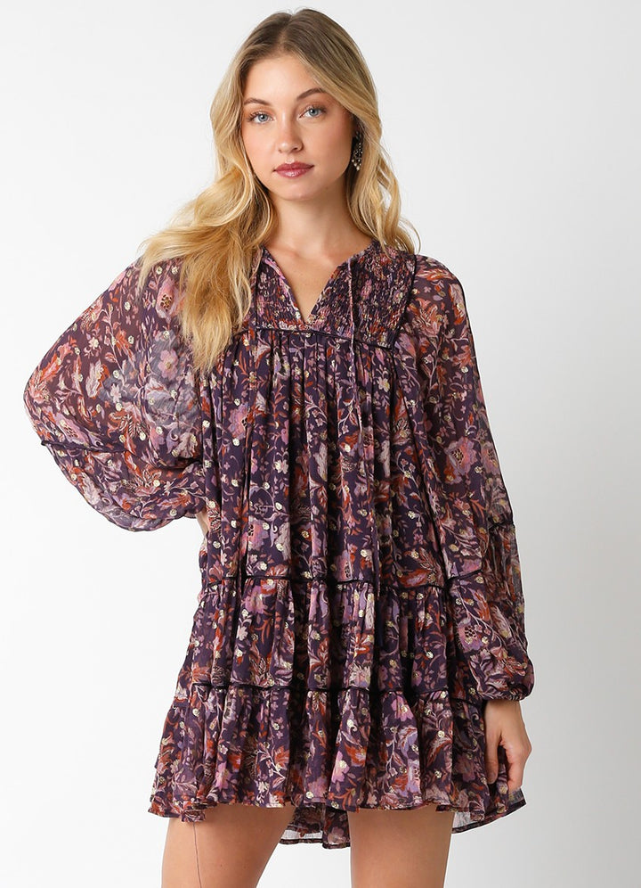 purple multi colored floral print mini dress with v neck tie front and long sleeves 