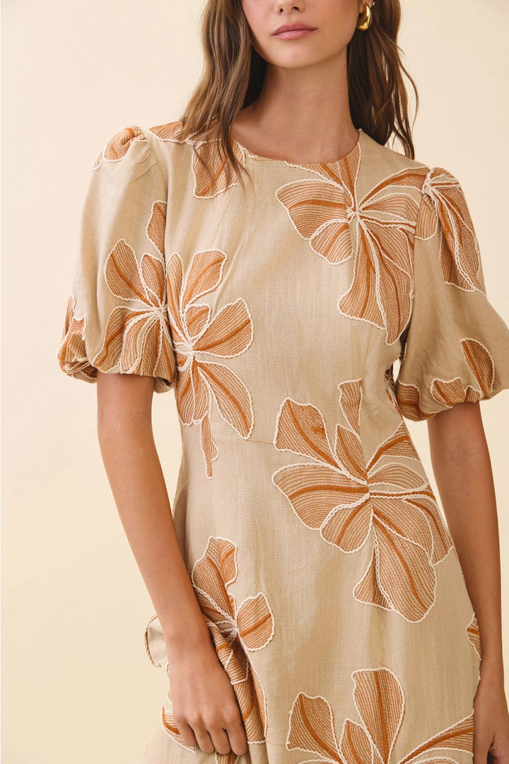 EMBROIDERED PUFF SLEEVE MIDI DRESS-KHAKI