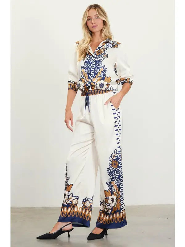 PRINTED BORDER PRINT SATIN PANT-MUSTARD/NAVY