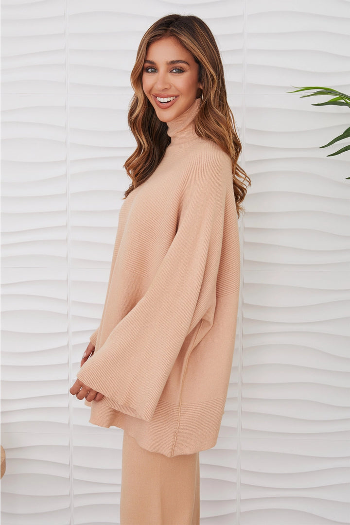 RELAXED WIDE SLEEVE TURTLENECK SWEATER-CARAMEL