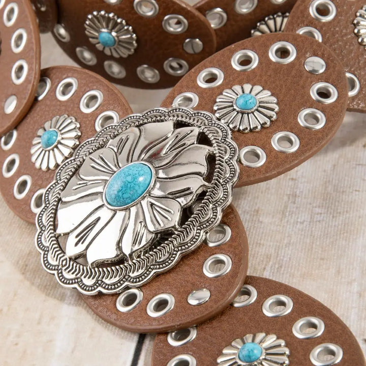 WESTERN TURQUOISE CONCHO DISC FAUX LEATHER BELT-BROWN