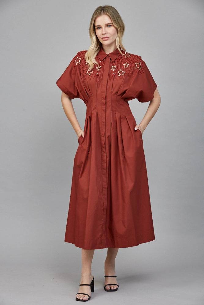 RHINESTONE EMBELLISHED SHIRT MIDI DRESS-TERRACOTTA