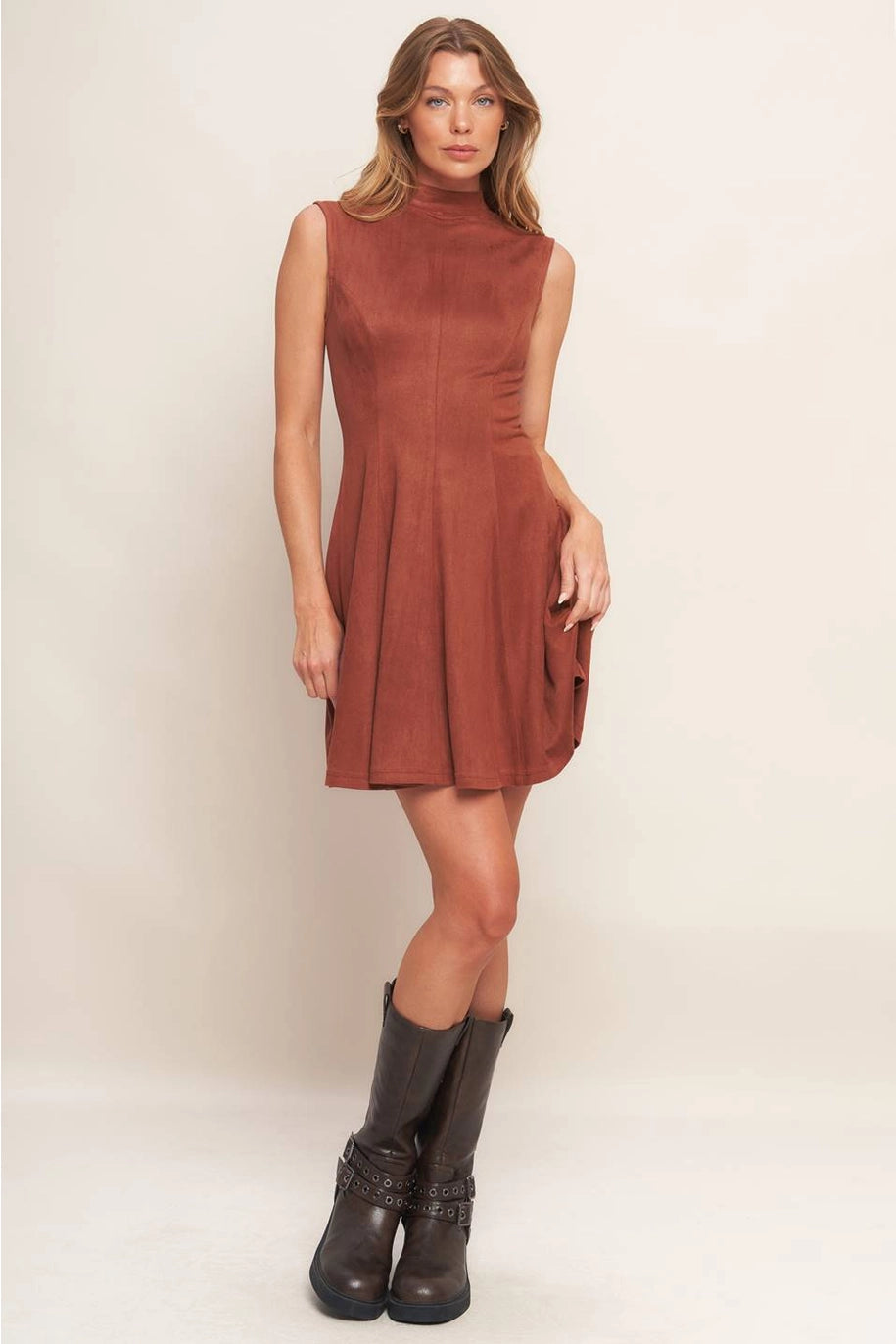 FAUX SUEDE MINI DRESS-RUST