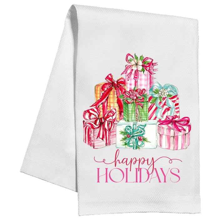 White towel with colorful holiday gift design and 'happy holidays' text.