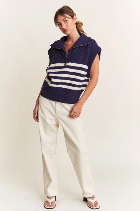 STRIPED QUARTER ZIPPED SWEATER-NAVY