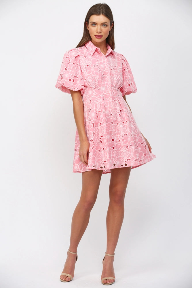 CUT OUT FLORAL LACE BUTTON DOWN MINI DRESS-PINK