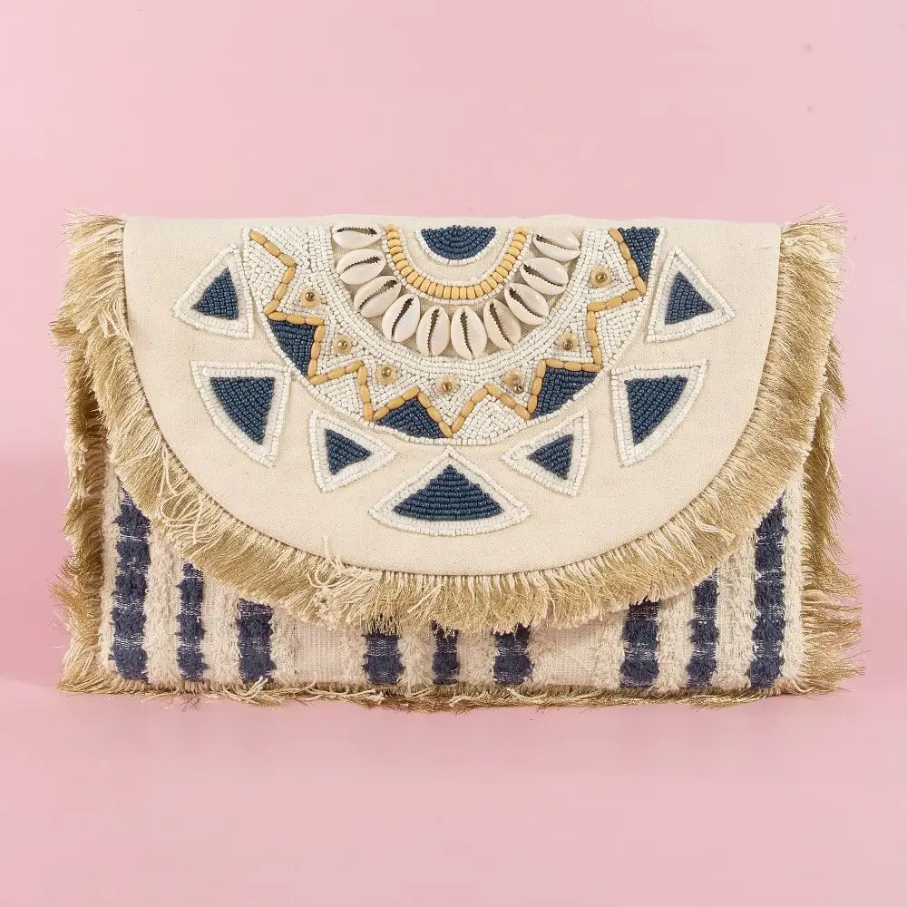 BEADED FRINGE TRIM MANDALA CLUTCH-NAVY/KHAKI